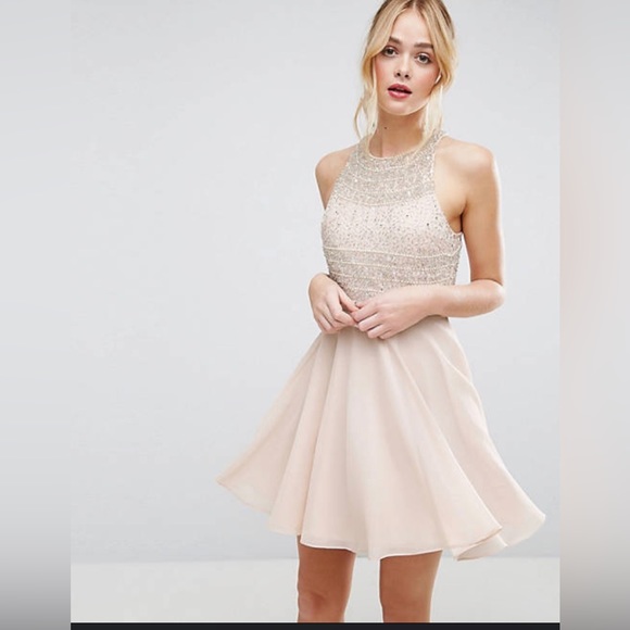 ASOS Dresses & Skirts - ASOS Embellished Crop Top Beaded Mini‎ Dress Women’s Ivory Beige Size US 4